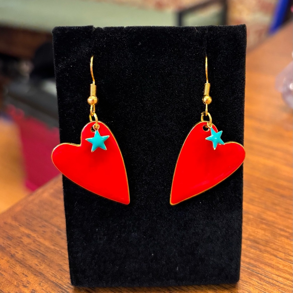 New Vibrant Red Heart Earrings valentines 80s funky colorful enamel double sided